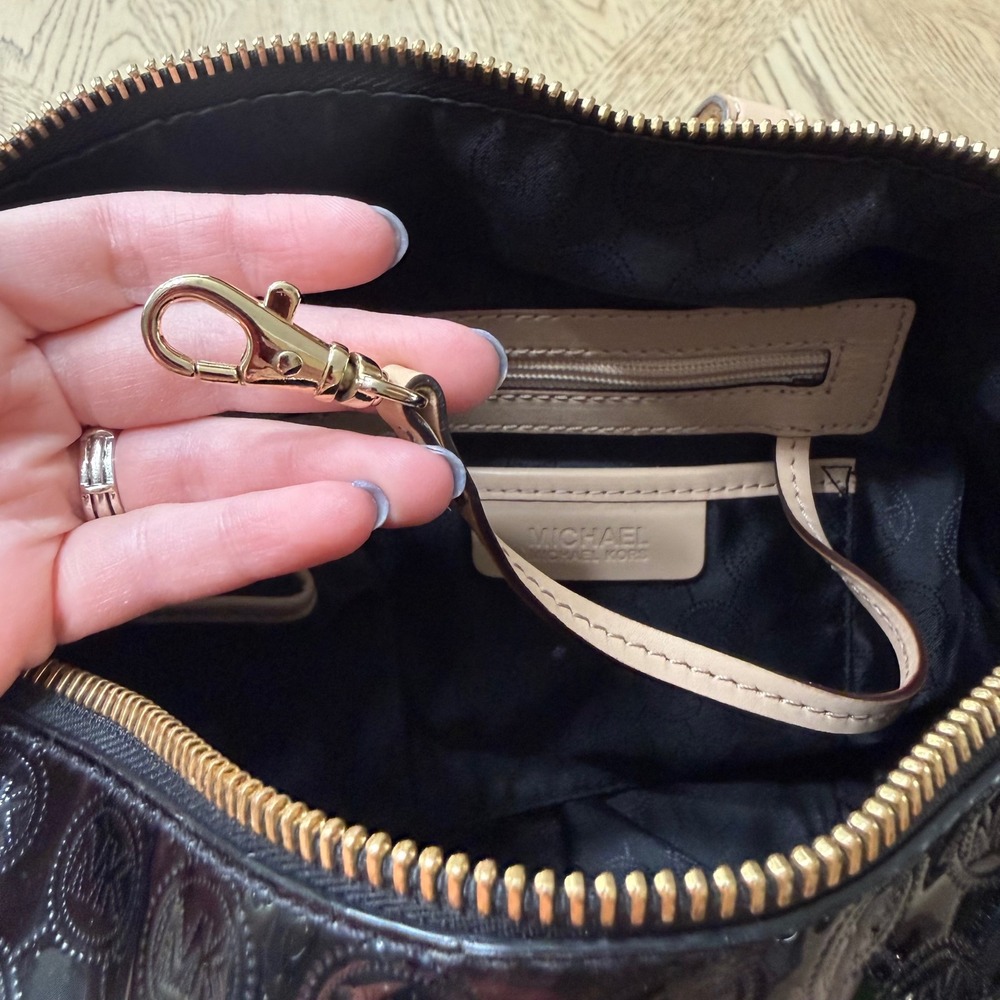 Michael Kors Grayson Black Patent Leather Monogram Satchel Handbag Gold Hardware - Picture 15 of 16